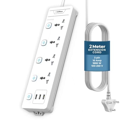 EMBOX Extension Board with USB (2.4 A)| Extension Board with Switches Spike Guard | Universal Sockets, LED Indicator 2500W, 2 Meter Extension Cord