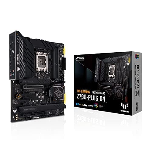 ASUS TUF Gaming Z790-PLUS D4 Intel Z790 LGA 1700 ATX Gaming Motherboard with 16+1 DrMOS Power Stages, PCIe 5.0, DDR4 RAM Support, M.2 Slots, USB 3.2 Gen 2x2 Type-C, and Aura Sync RGB Lighting.