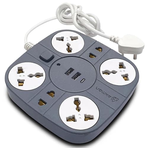 Axmon Extension Board with USB | FIRE Proof | Shock Proof | 6 M Warranty | 2 USB Port 1 Type C | Universal 6 Socket 10 Amp | 6.2 FEET Long Cord | Extension Cord for Home Office- Grey