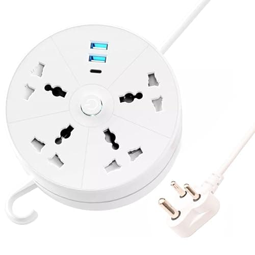 EMBOX Rotary Extension Board with USB C USB A Extension Board with Switches Universal Sockets LED Indicator-5 mtr Extension Cord, Multi Plug Socket with Safety Shutter(4 Sockets + 3USB Retractable)