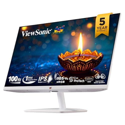 ViewSonic 60.96 Cm (24") IPS White Slim Monitor 100Hz,1ms, AMD Free Sync, 3 Side Bezel Less, Dual Speaker, Wall Mount, Eye-Care, Flicker Free, Srgb105%,HDMI, VGA - VA2432-MH-W.