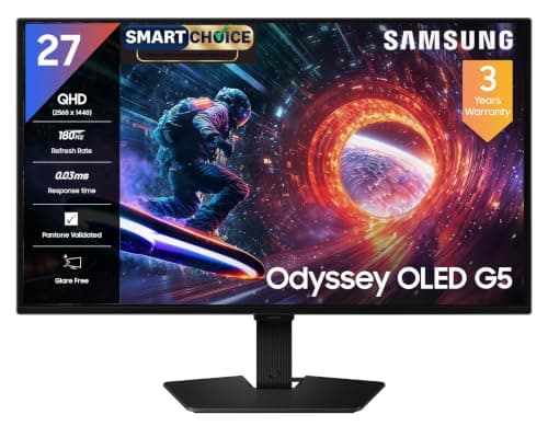 Samsung 27" Odyssey QD-OLED G5 Gaming Monitor (Smartchoice) |QHD 2560 x 1440|180 Hz|0.03ms|Pantone-Validated|G-Sync|Free Sync|Glarefree|Ports-DP,HDMI,Headphone|1 Billion Color| LS27FG502SWXXL|Black