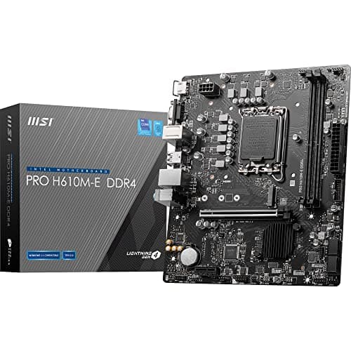 MSI PRO H610M-E DDR4 Motherboard, Micro-ATX - Supports 14th/13th/12th Gen Intel Core Processors, LGA 1700-2 x DIMMs (3200MHz), 1x PCIe 4.0 x16 Slot, 1 x M.2 Gen3, USB 3.2 Gen1, 1G LAN, HDMI 1.4 & VGA