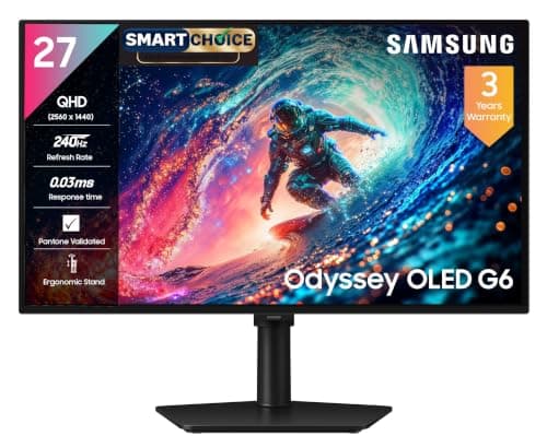 Samsung 27" Odyssey QD-OLED G6 Gaming Monitor(Smartchoice) | QHD 2560 x 1440| 240 Hz| 0.03ms | Ergonomic Stand | Pantone Validated| Glarefree | TrueBright 300| G-Sync| Free Sync| LS27HG612SWXXL| Black